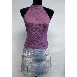 Floral Lace Bodysuit High Coker Neck Sleeveless Mauve Purple Medium Coquette